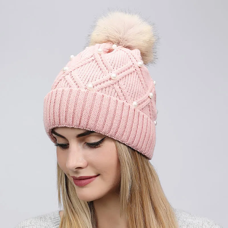 Women's Cute Pearls Deor Pompoms Stretchy Knitted Hat