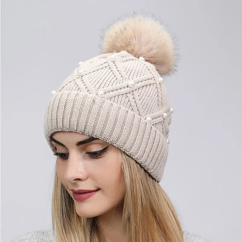 Women's Cute Pearls Deor Pompoms Stretchy Knitted Hat