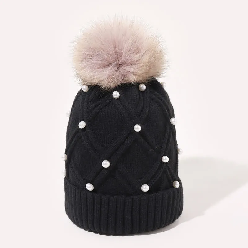 Women's Cute Pearls Deor Pompoms Stretchy Knitted Hat